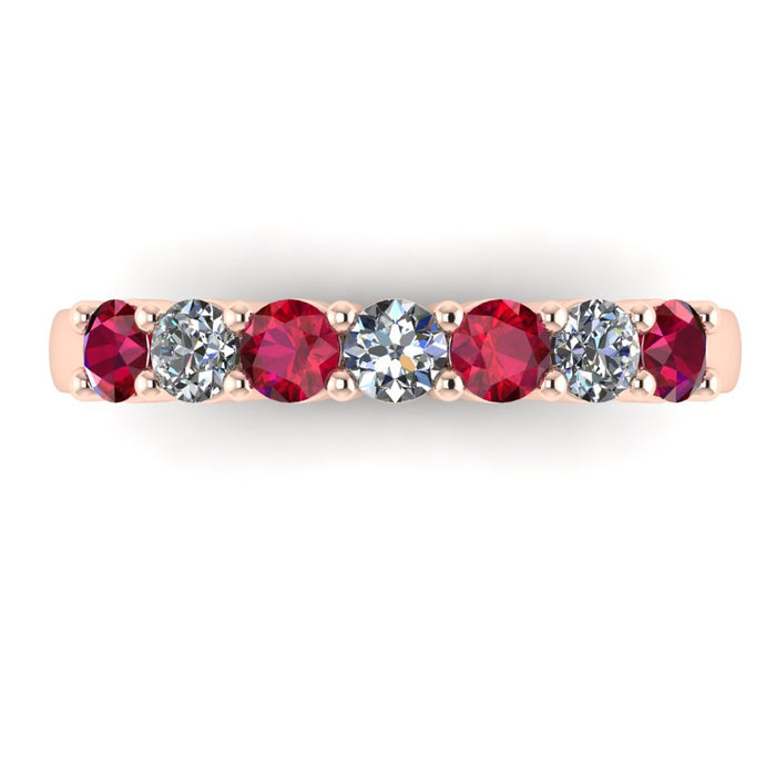 7 Stone Diamond and Ruby Semi Eternity Ring with Shared Claws