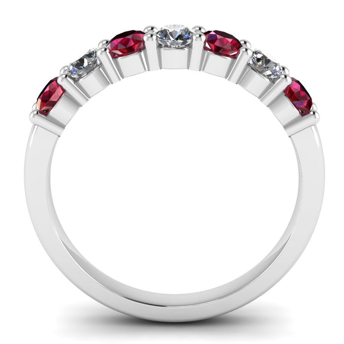 7 Stone Diamond and Ruby Semi Eternity Ring with Shared Claws