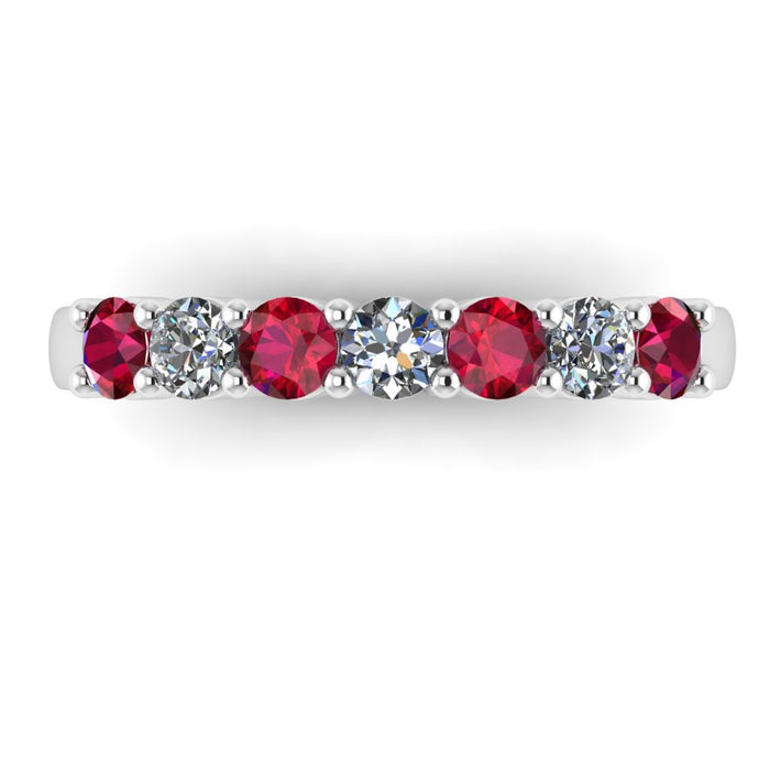 7 Stone Diamond and Ruby Semi Eternity Ring with Shared Claws