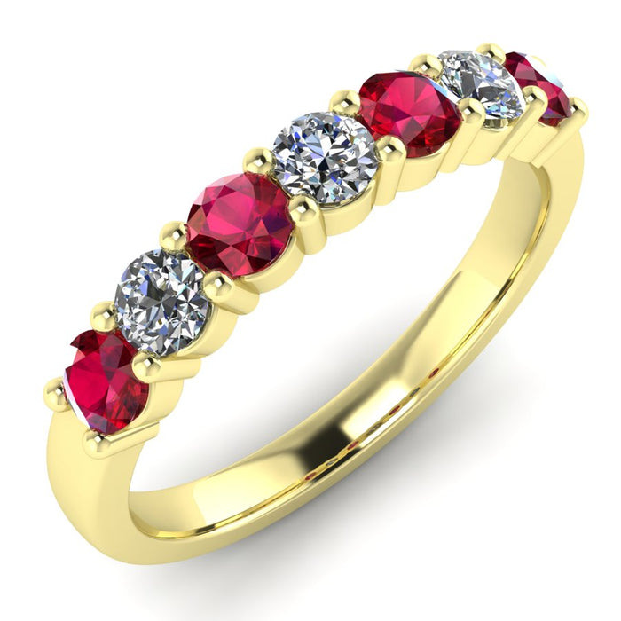 7 Stone Diamond and Ruby Semi Eternity Ring with Shared Claws