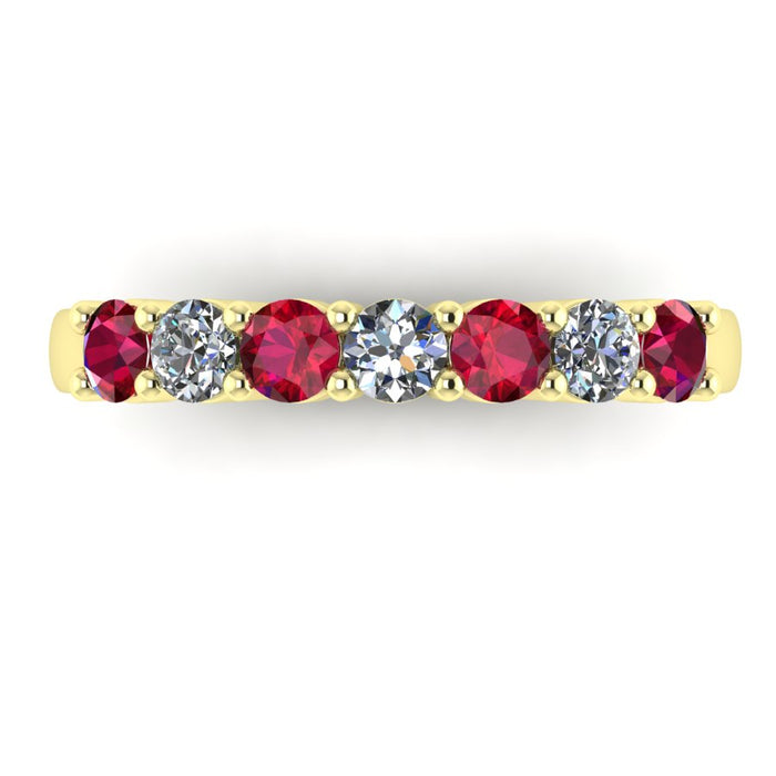 7 Stone Diamond and Ruby Semi Eternity Ring with Shared Claws