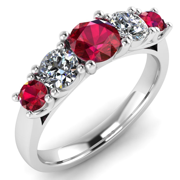 5 Stone Diamond and Ruby Semi Eternity Ring with 4 Claw Cross Wire Gallery