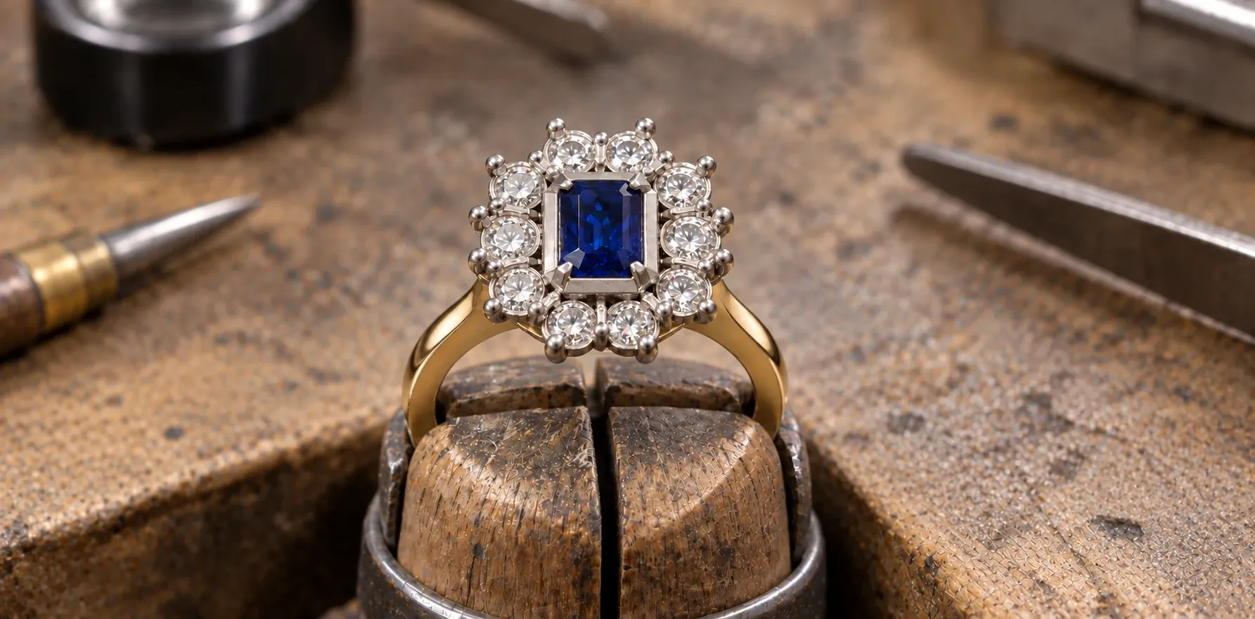 The finished ring in the clamp: an emerald-cut sapphire in a halo of ten round diamonds on a polished yellow gold band.