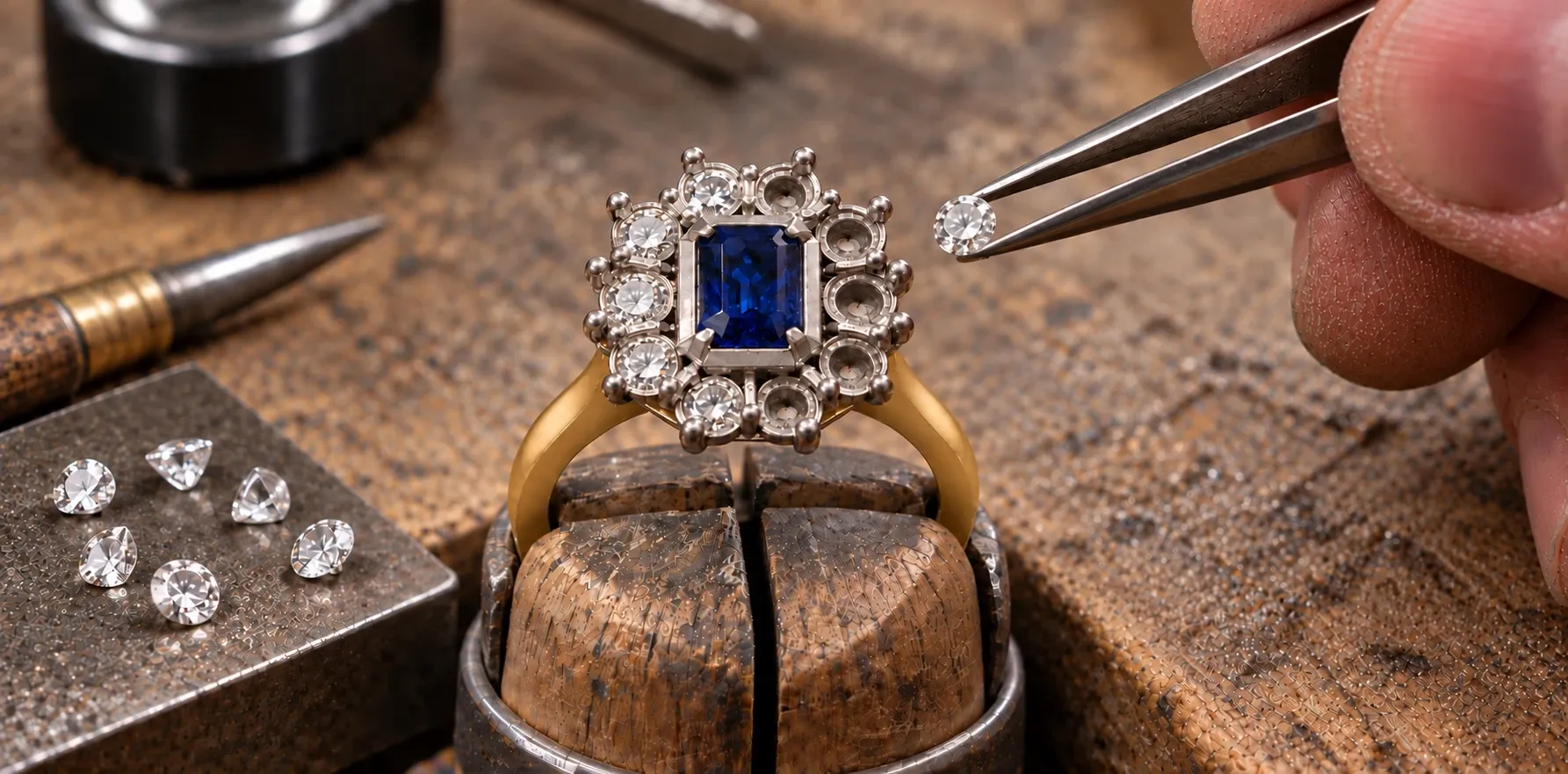 The same ring part set: the sapphire and five diamonds are in, and tweezers hold the next diamond over the empty seats, with loose diamonds on a bench block beside it.