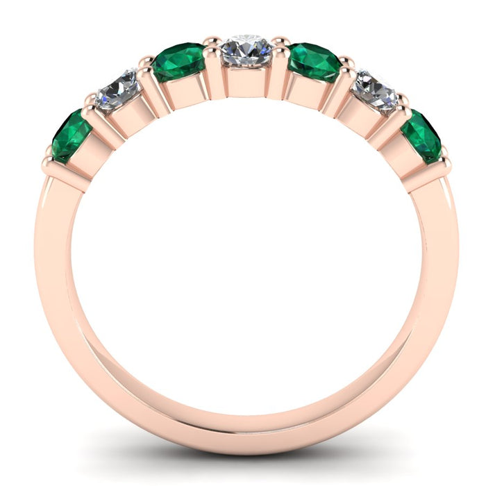 7 Stone Diamond and Emerald Semi Eternity Ring with Shared Claws