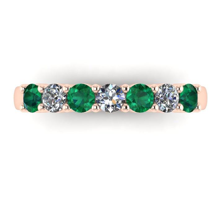 7 Stone Diamond and Emerald Semi Eternity Ring with Shared Claws