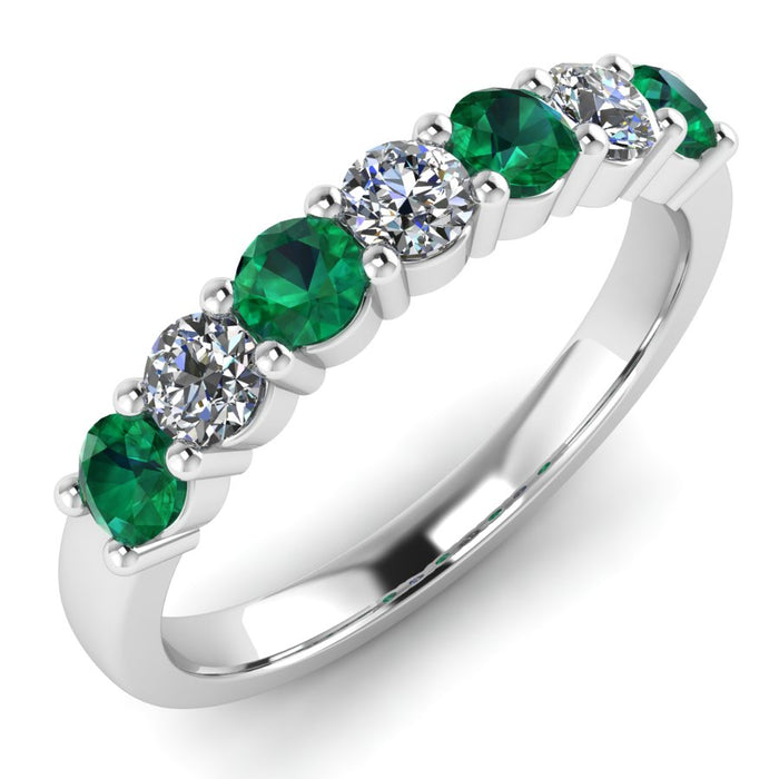 7 Stone Diamond and Emerald Semi Eternity Ring with Shared Claws