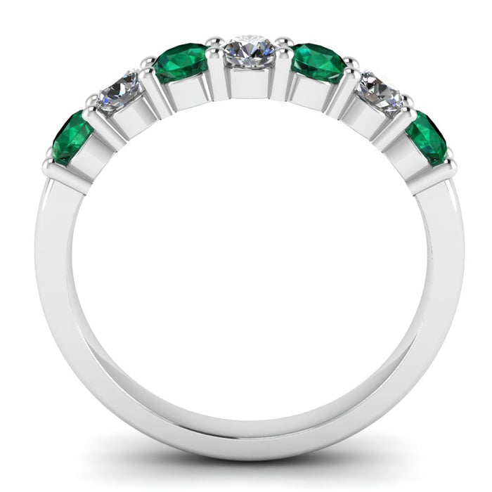 7 Stone Diamond and Emerald Semi Eternity Ring with Shared Claws