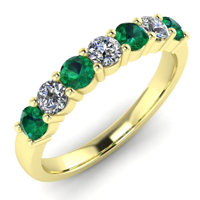 7 Stone Diamond and Emerald Semi Eternity Ring with Shared Claws