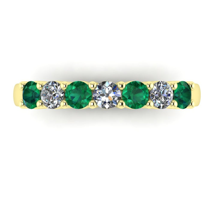 7 Stone Diamond and Emerald Semi Eternity Ring with Shared Claws