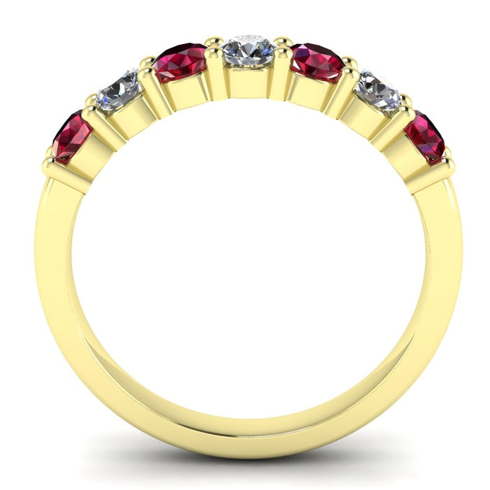 7 Stone Diamond and Ruby Semi Eternity Ring with Shared Claws