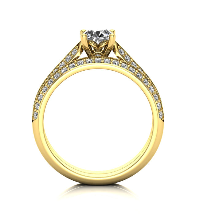 Solitaire Engagement Ring with Diamond Set Two Row Shoulders and Wedding Band Twin Set