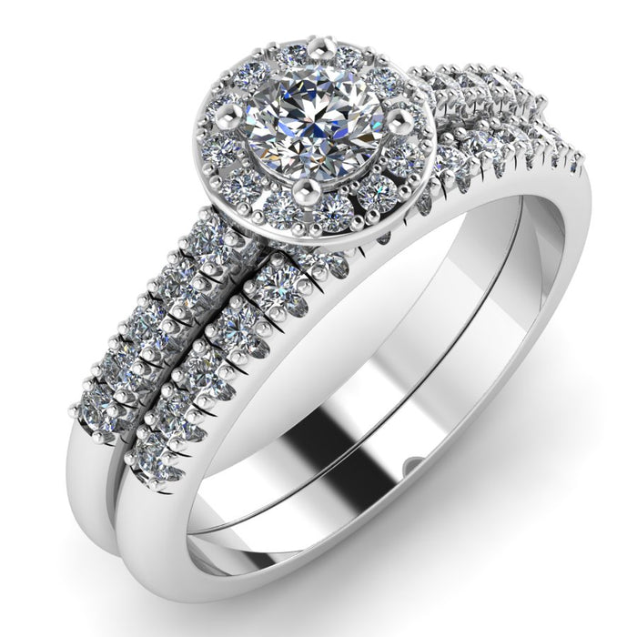 Traditional Halo Engagement Ring with Diamond Wedding Band Twin Set
