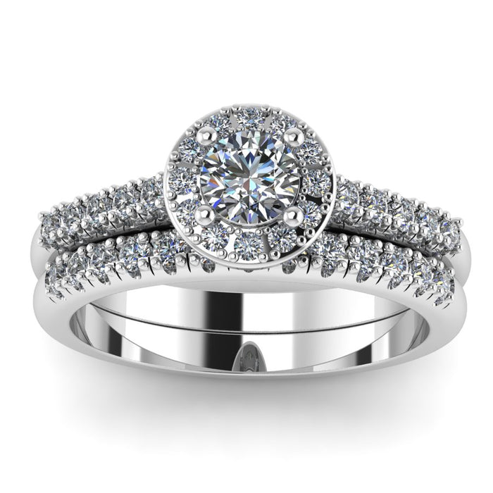 Traditional Halo Engagement Ring with Diamond Wedding Band Twin Set