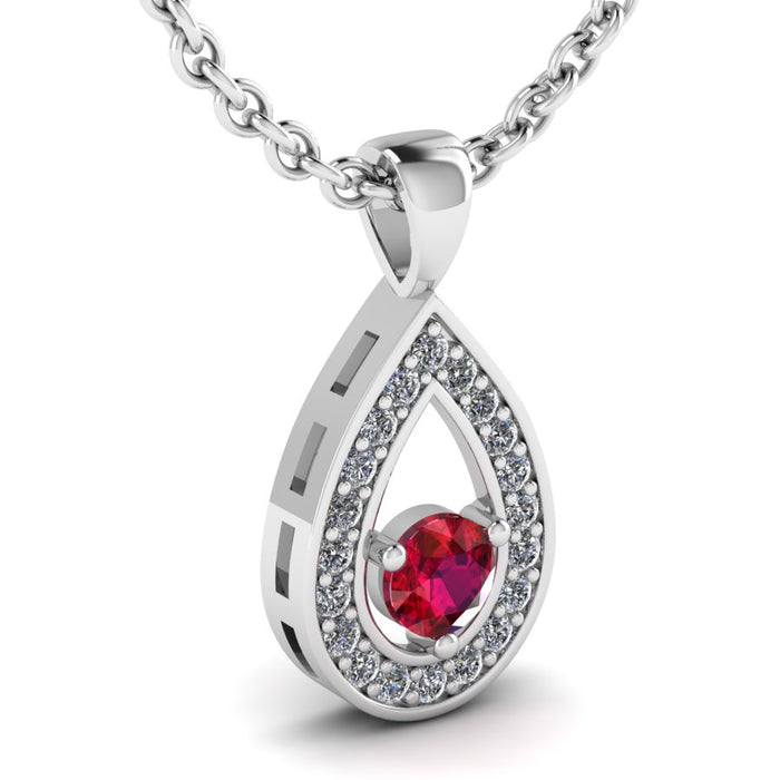 Teardrop Shape Round Diamond and Ruby Pendant