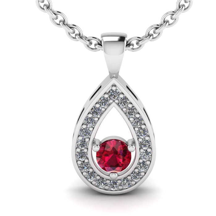 Teardrop Shape Round Diamond and Ruby Pendant
